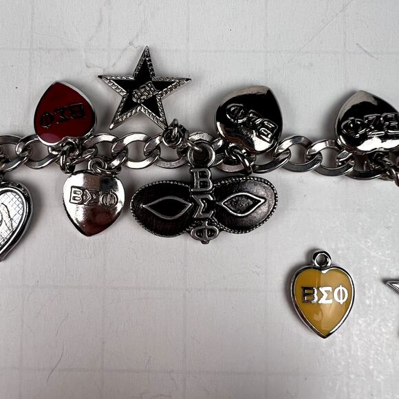 Vtg 1950s Beta Sigma Phi 7" Charm Bracelet Automade Sterling Silver 19 Charms - Picture 4 of 12